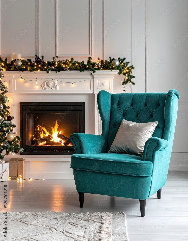 Fototapeta premium Teal wingback armchair in a cozy fireplace room