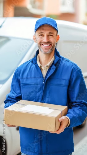 Smiling logistician holding package outside delivery van in neighborhood