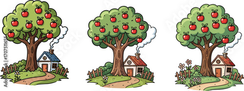 Illustration of apple trees with red apples near cozy houses, countryside scenery, garden landscape, rural home, nature, fresh fruit, peaceful environment