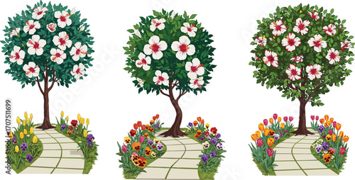 Illustration of flowering trees with white blossoms surrounded by colorful flowerbeds along winding garden paths, springtime scenery, vibrant nature, floral landscape
