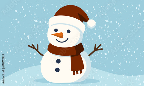 snowman vector with red scarf and santa hat
