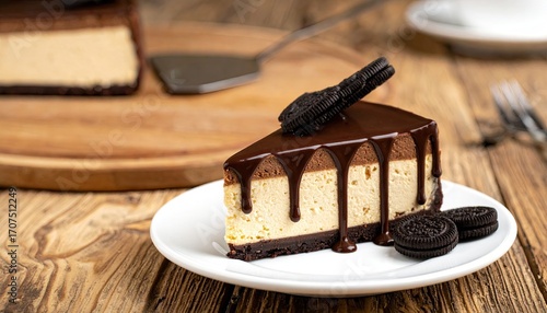 Chocolate and vanilla cheesecake slice on a plate