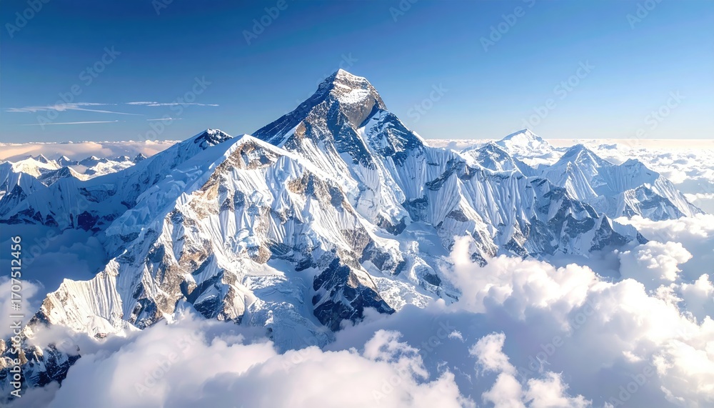Obraz premium Majestic mountain peak, snow-capped and surrounded by clouds