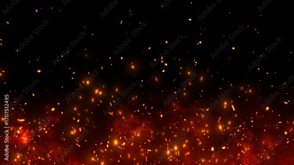 Abstract Fire Particles and Burning Embers with Glowing Sparkles, Flying Ash Flakes and Bonfire Flames – Cinematic 4K Overlay Animation for Motion Graphics and Stock Footage