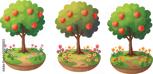 Three floating gardens with peach trees, colorful flowers, green grass, nature landscape, summer season, vibrant plants, fresh environment, gardening concept, natural beauty