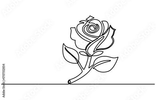Rose one line drawing. Abstract flower continuous line. Minimalist contour drawing of rose . Continuous line drawing of flower rose . Hand drawn sketch of flower with leaves.