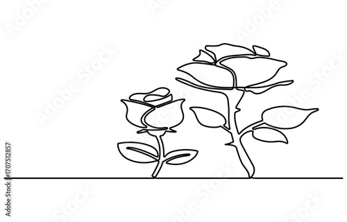 Rose one line drawing. Abstract flower continuous line. Minimalist contour drawing of rose . Continuous line drawing of flower rose . Hand drawn sketch of flower with leaves.