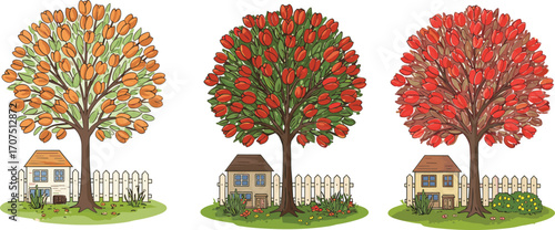Three colorful tulip trees with small houses, white picket fence, spring and autumn seasons, blooming flowers, garden scene, nature, outdoor landscape, peaceful environment