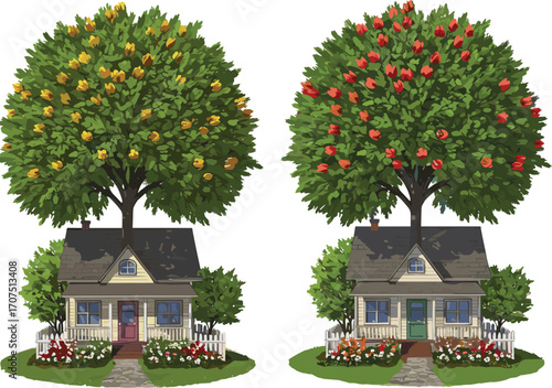 Two charming houses with large fruit trees, colorful flowers, green lawns, picket fences, sunny day, cozy homes, nature, garden, peaceful neighborhood