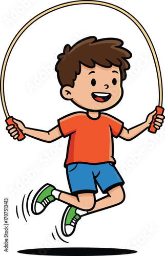 Happy young boy jumping rope, playful child exercising, outdoor fitness activity, skipping rope fun, healthy lifestyle, energetic kid, active playtime
