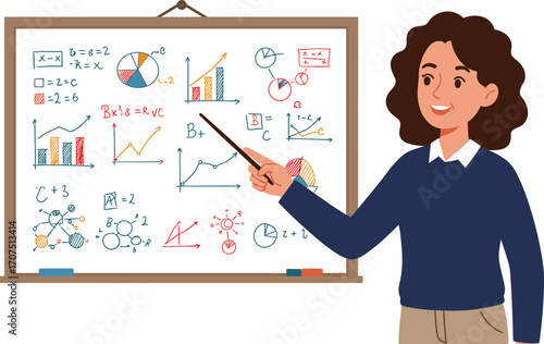 Female teacher explaining math formulas on whiteboard, education concept, school lesson, science class, math teacher, student learning environment