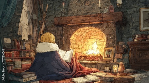 Cozy Reading Nook: Animated Person Reads by Fireplace, Warmth, Books, Comfort.