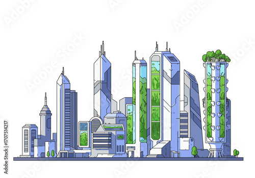 Futuristic Cityscape with Green Buildings.