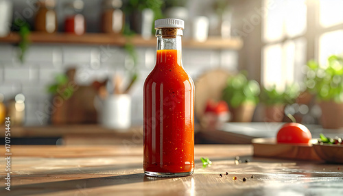 A close-up shot of a glass bottle filled with vibrant red sauce, set on a wooden kitchen surface.