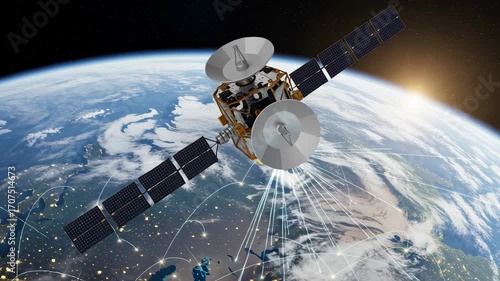 Satellite internet global connectivity satellite over Earth night connecting cities with glowing network beams and dynamic data streams with antenna