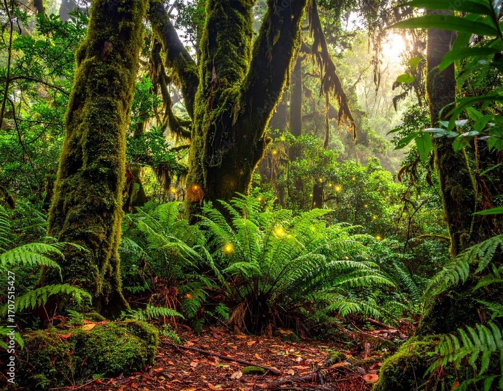 Naklejka premium Enchanting primeval forest bathed in ethereal light, with ancient moss-covered trees and vibrant ferns creating a magical, tranquil natural landscape