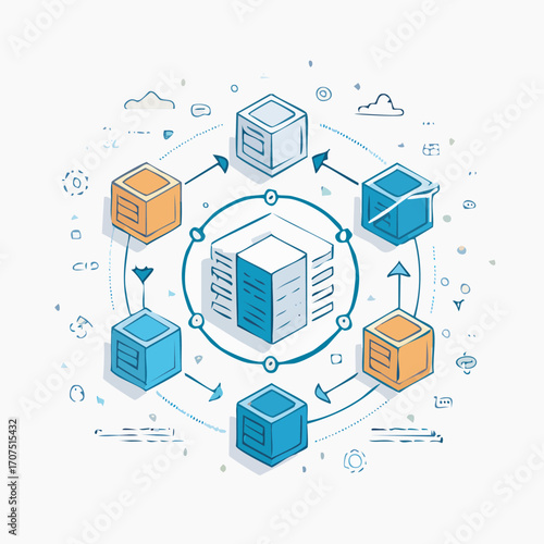 Data nodes connect to central server in circular pattern representing network or blockchain technology with clean and modern aesthetic.