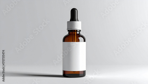 Amber glass dropper bottle with blank white label, studio shot.