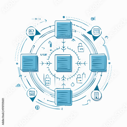 Data nodes connect in a circular network representing decentralized technology and secure data transfer in a modern, abstract style.