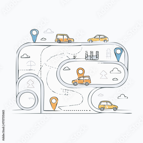 Cars navigate a stylized map with location pins, showcasing modern transportation and navigation in a clean, minimalist style.