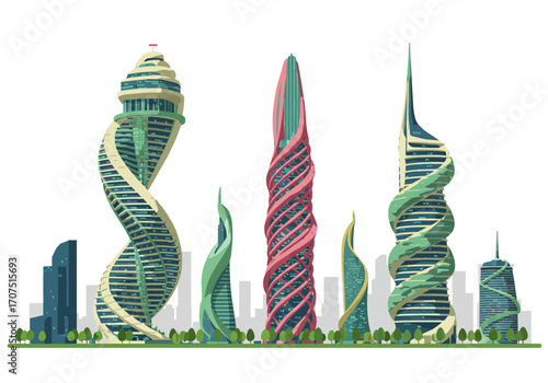 Futuristic Cityscape with Unique Spiral Towers.