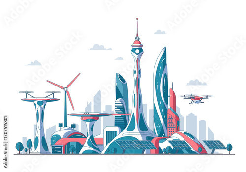 Futuristic Cityscape with Flying Vehicles and Wind Turbines.