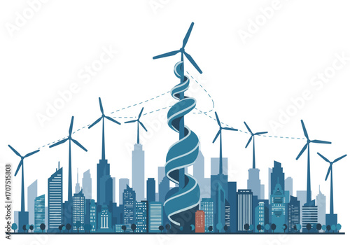 Futuristic City with Wind Turbine Tower.