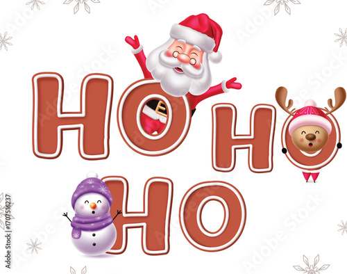 Colorful Christmas clipart with jolly Santa, happy snowman, and cute reindeer with Ho Ho Ho cookies , perfect for party invitations, greeting cards, posters, banners, and holiday design vector illustr