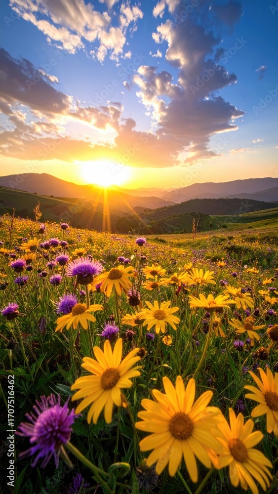 Fototapeta premium Sunrise over wildflower meadow