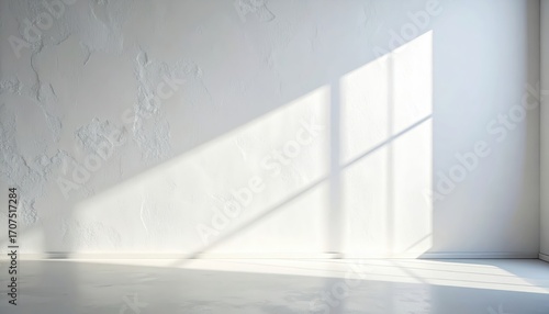 Sunlight casts dramatic shadows across a plain, white room, highlighting the textured wall.