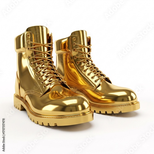 A pair of golden boots with thick soles and laces, isolated on a white