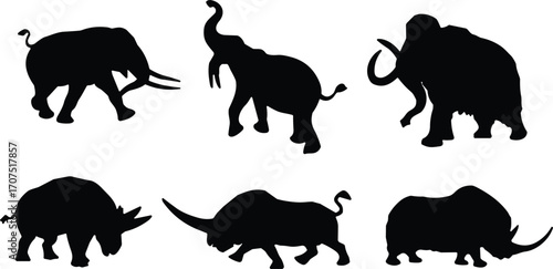 Stylized animal silhouette, abstract elephant, creative rhinoceros, exaggerated features, black vector, fantasy creature, artistic wildlife, cartoon shape, unique design