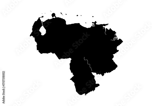 Black silhouette map showcasing Venezuelas geographical outline against a white background