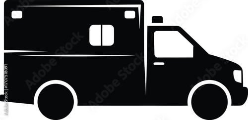 A black and white silhouette of an ambulance truck, viewed from the side, with a window and emergency light.