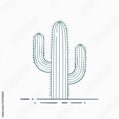 Tall cactus plant stands alone in the desert sand, its spiky arms reaching towards the sky in a minimalist, line art style, evoking a sense of resilience and solitude.