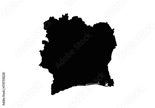 Black silhouette of the map of Côte dIvoire against a white background
