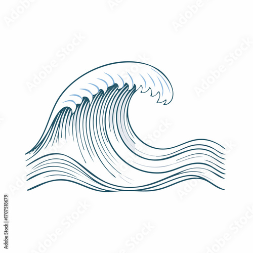 Ocean wave crests and curls, creating dynamic energy with intricate line work against a white backdrop, evoking a sense of power and movement.