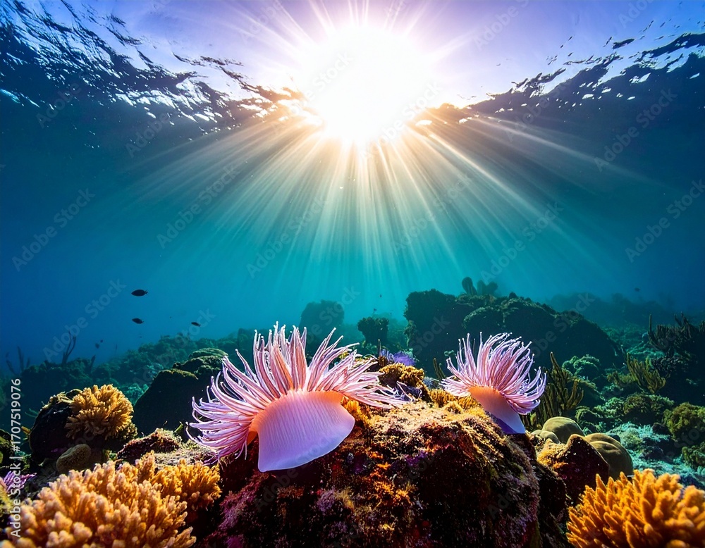 Naklejka premium Vibrant underwater coral reef teeming with marine life, illuminated by a brilliant sunburst from the surface