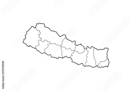 Outline map of Nepal showing the countrys borders and internal divisions