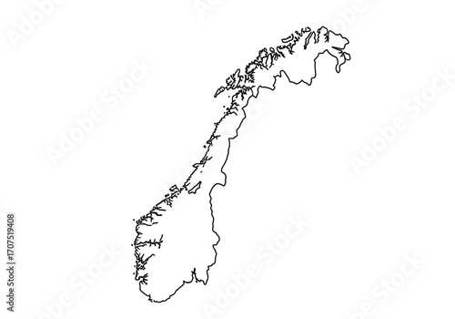 Outline of Norways landmass featuring its rugged coastline and distinctive shape