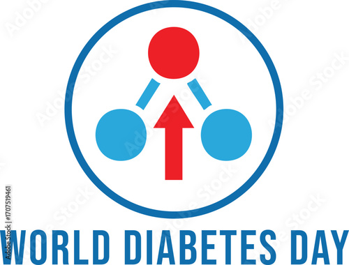 Colorful World Diabetes Day illustration with human figure, rising arrow symbolizing blood sugar, and vibrant circular accents promoting global health awareness.