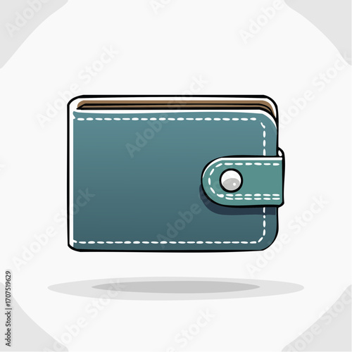 Blue wallet with button closure sits on a white surface, casting a soft shadow, representing financial security and organization.