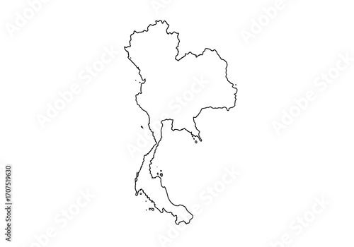 Outline of Thailands landmass with intricate coastal details and varied topography
