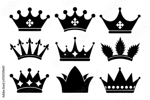 set of Royal crowns simple black silhouette vector