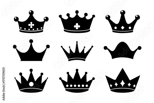 set of Royal crowns simple black silhouette vector