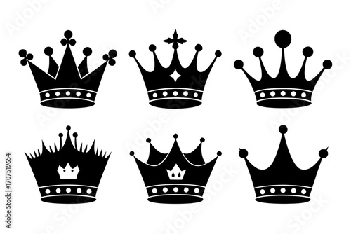 set of Royal crowns simple black silhouette vector
