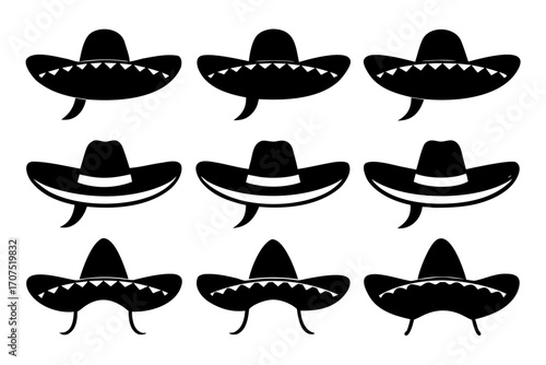 Mexican Hat vector set,set of Sombrero Hats simple black silhouette vector