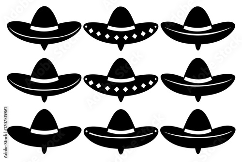 Mexican Hat vector set,set of Sombrero Hats simple black silhouette vector