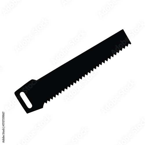 Minimalist black silhouette of a saw on a clean white background