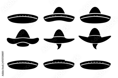 Mexican Hat vector set,set of Sombrero Hats simple black silhouette vector